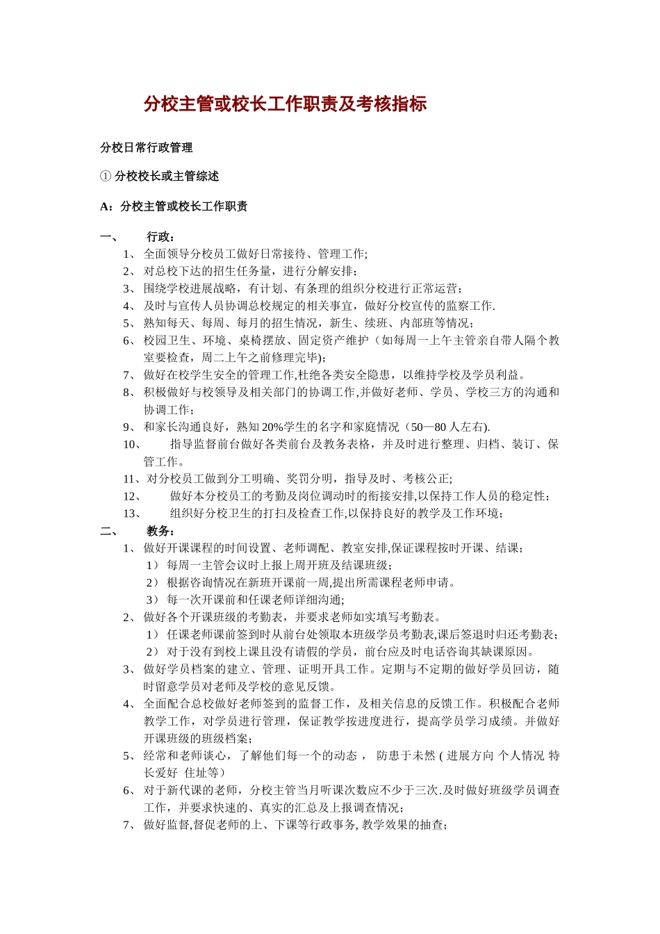 培训机构分校主管及校长工作职责及考核指标_第1页