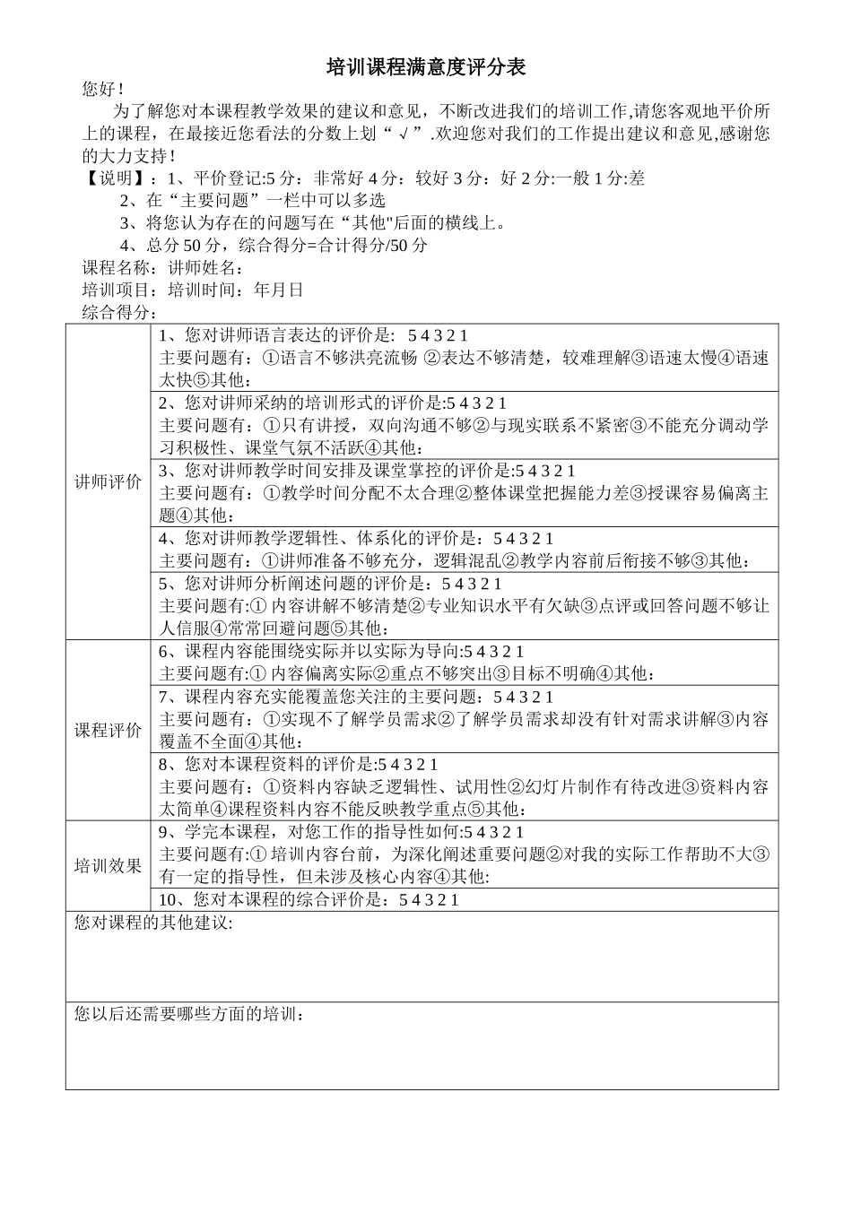 培训课程满意度评分表_第1页