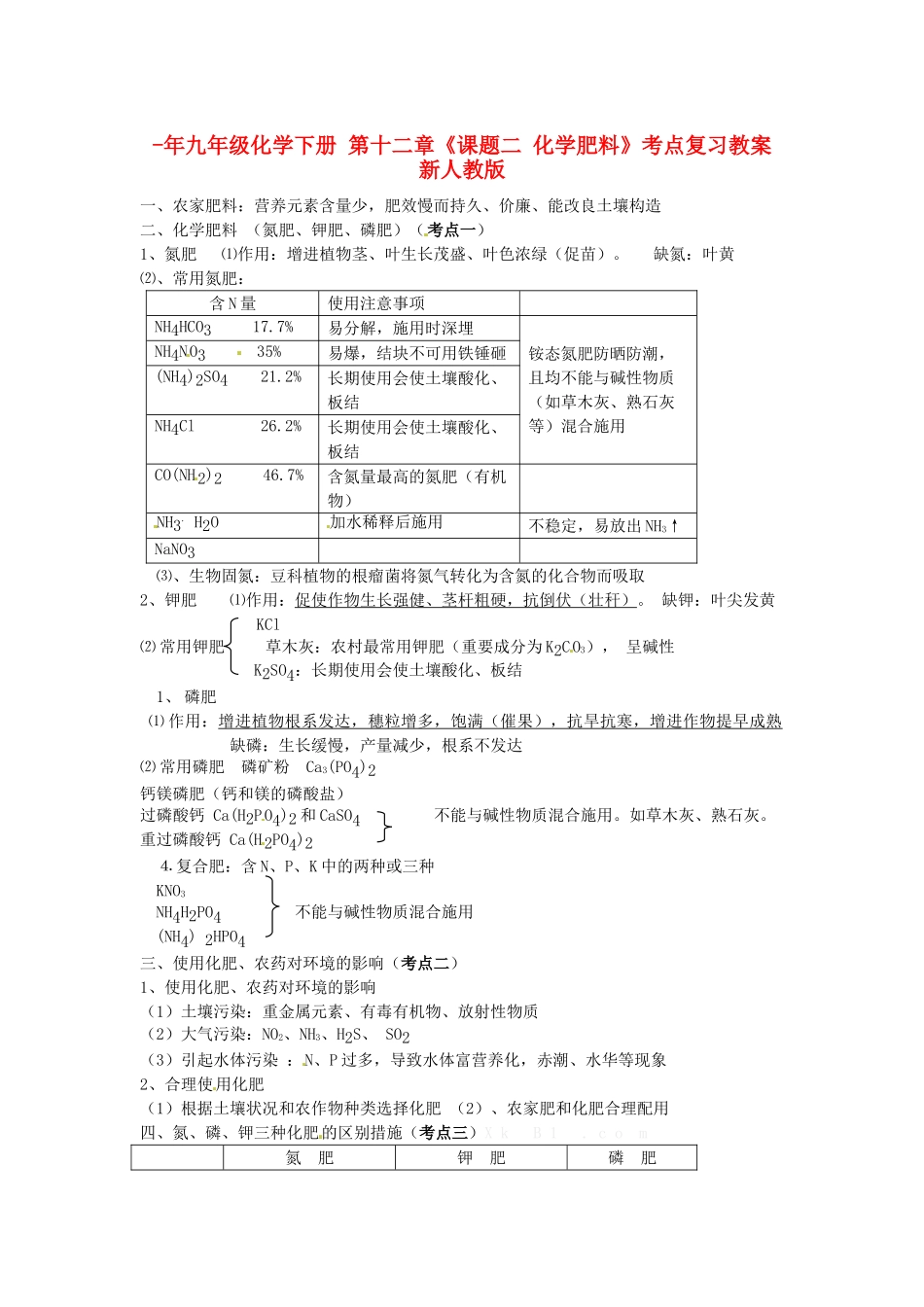 2025年九年级化学下册第十二章课题二化学肥料考点复习教案新人教版_第1页