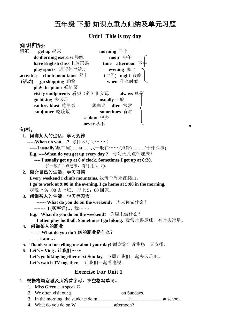 2025年人教版五年级英语下全册重点和习题版_第1页