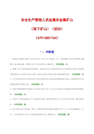 2025年安全生产管理人员主要负责人地下矿山题库