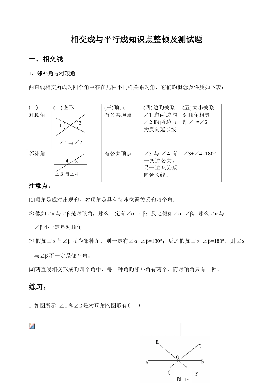 2025年人教版七年级相交线与平行线知识点及典型例题_第1页