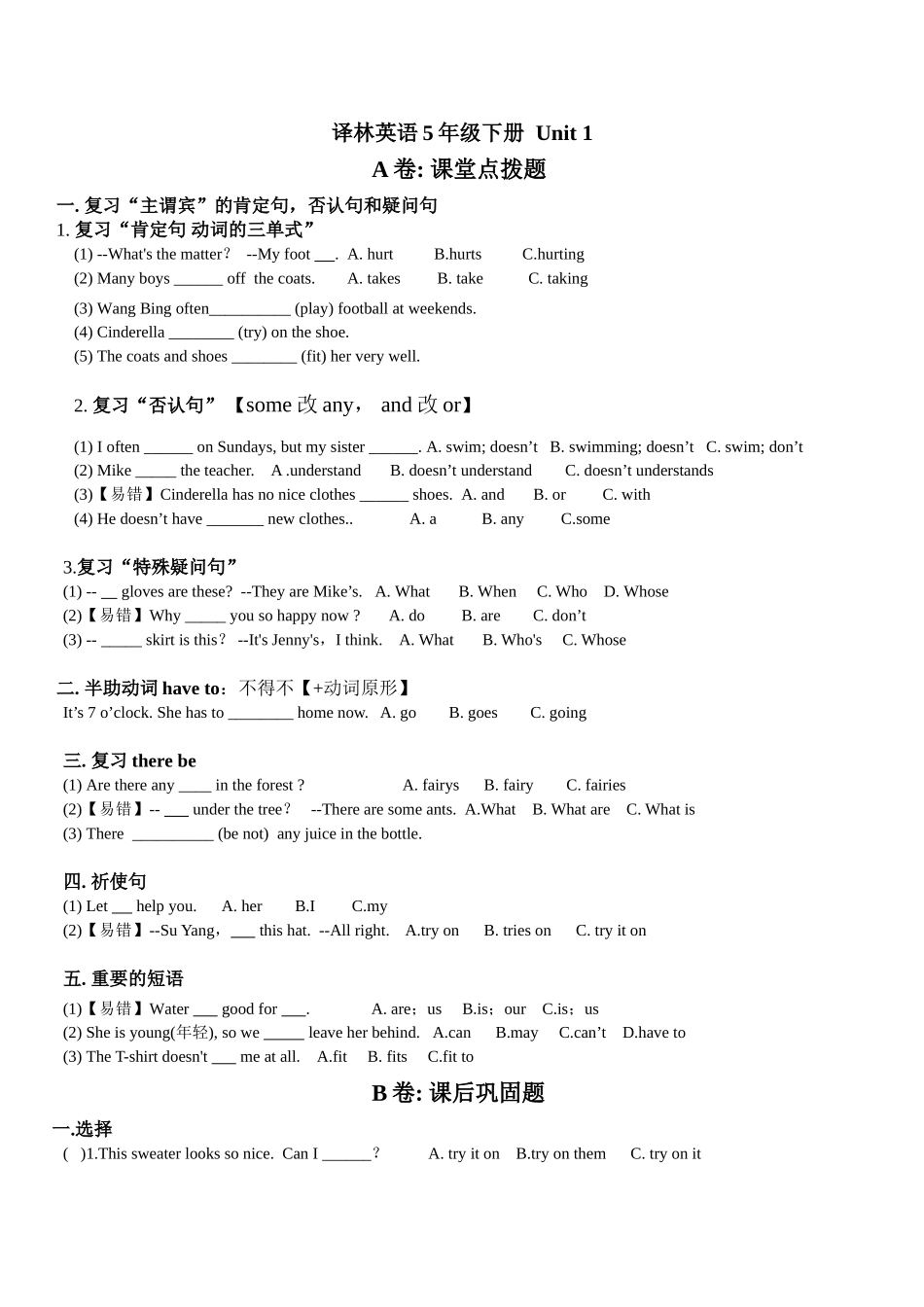 2025年译林英语5BU1考点精练_第1页
