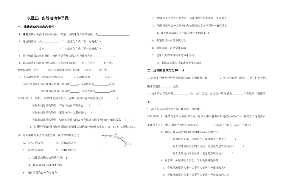 2025年专题五曲线运动和平抛学业水平考试_第1页