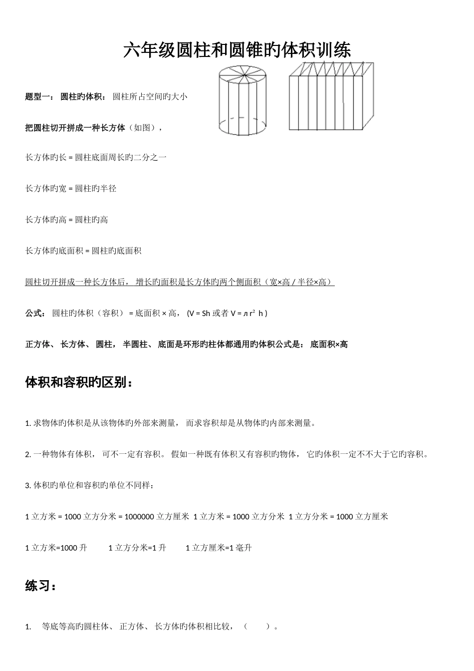 2025年六年级圆柱和圆锥题型归纳_第1页