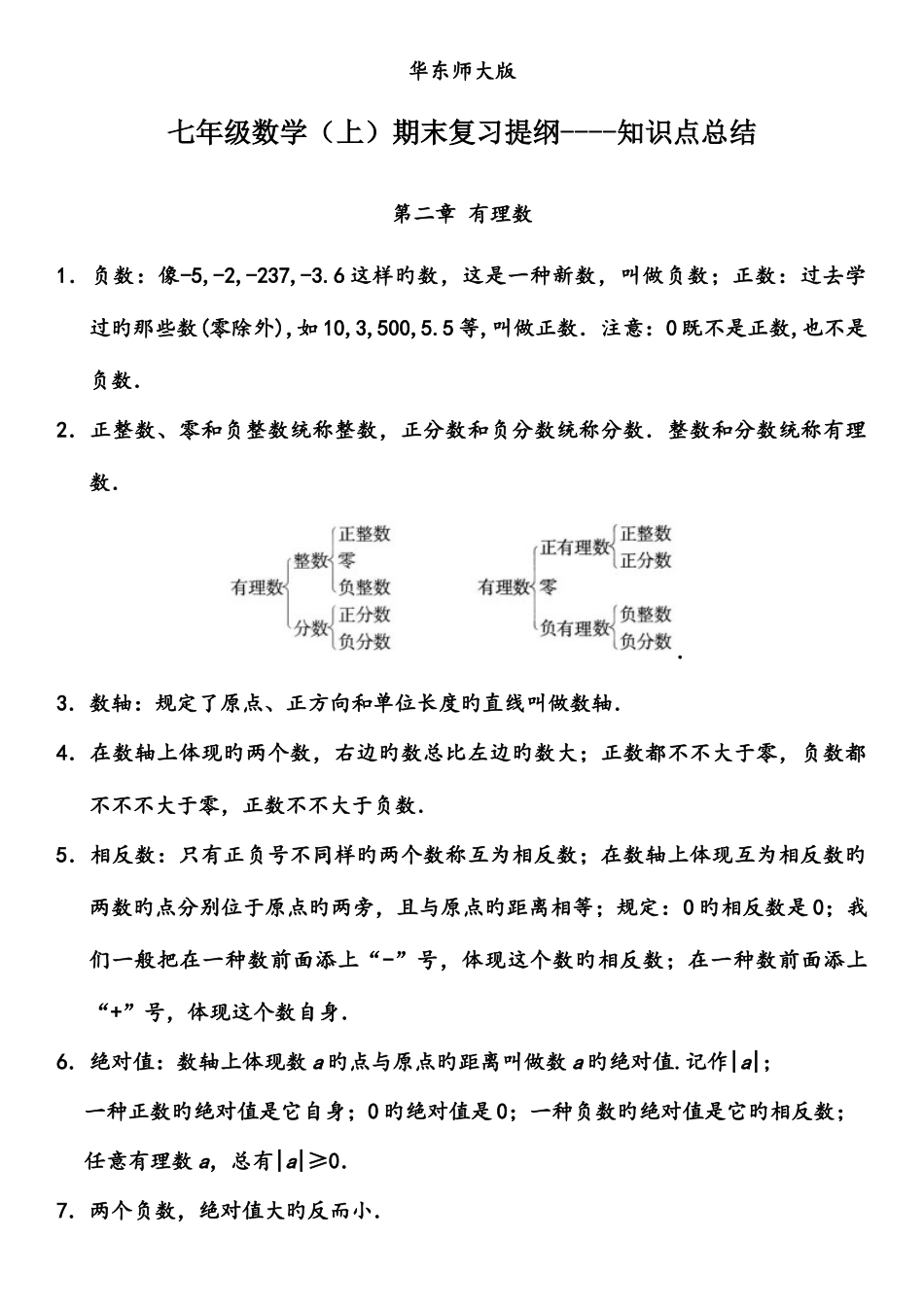 2025年华东师大版七年级数学上册期末复习知识点总结_第1页
