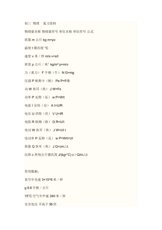 2025年初三物理必背知识点
