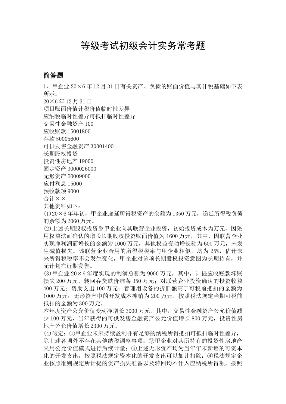 2025年等级考试初级会计实务常考题_第1页