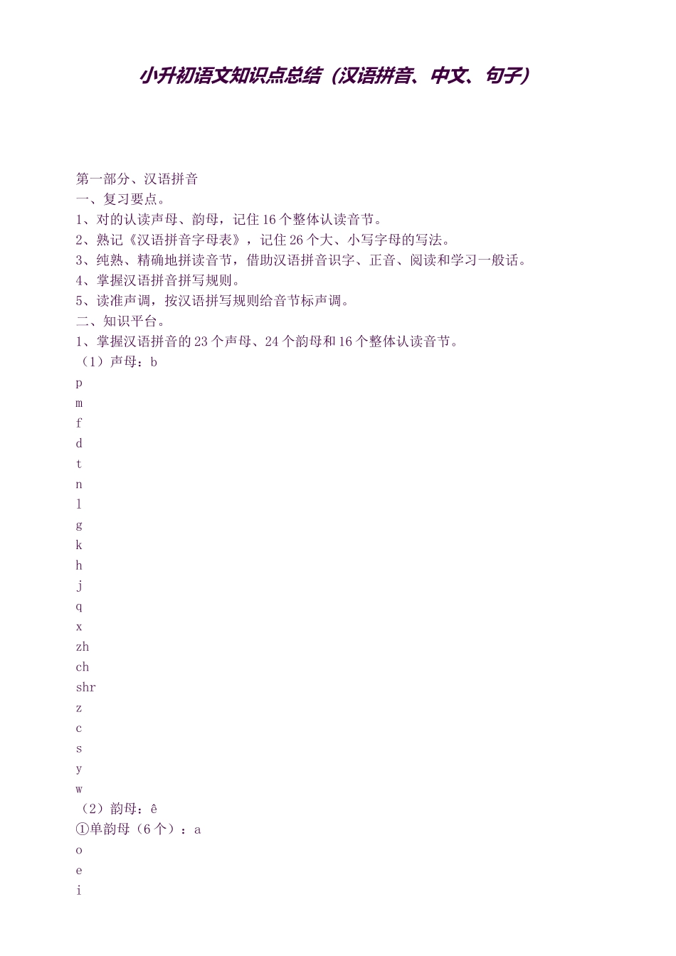 2025年小升初语文知识点总结汉语拼音汉字句子_第1页