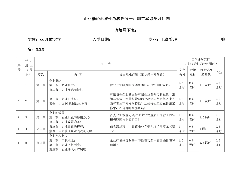 2025年公司概论形成性考核任务一制定本课学习计划_第1页