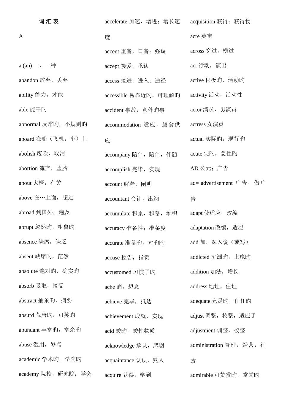 2025年安徽省专升本英语词汇表词汇表打印版_第1页