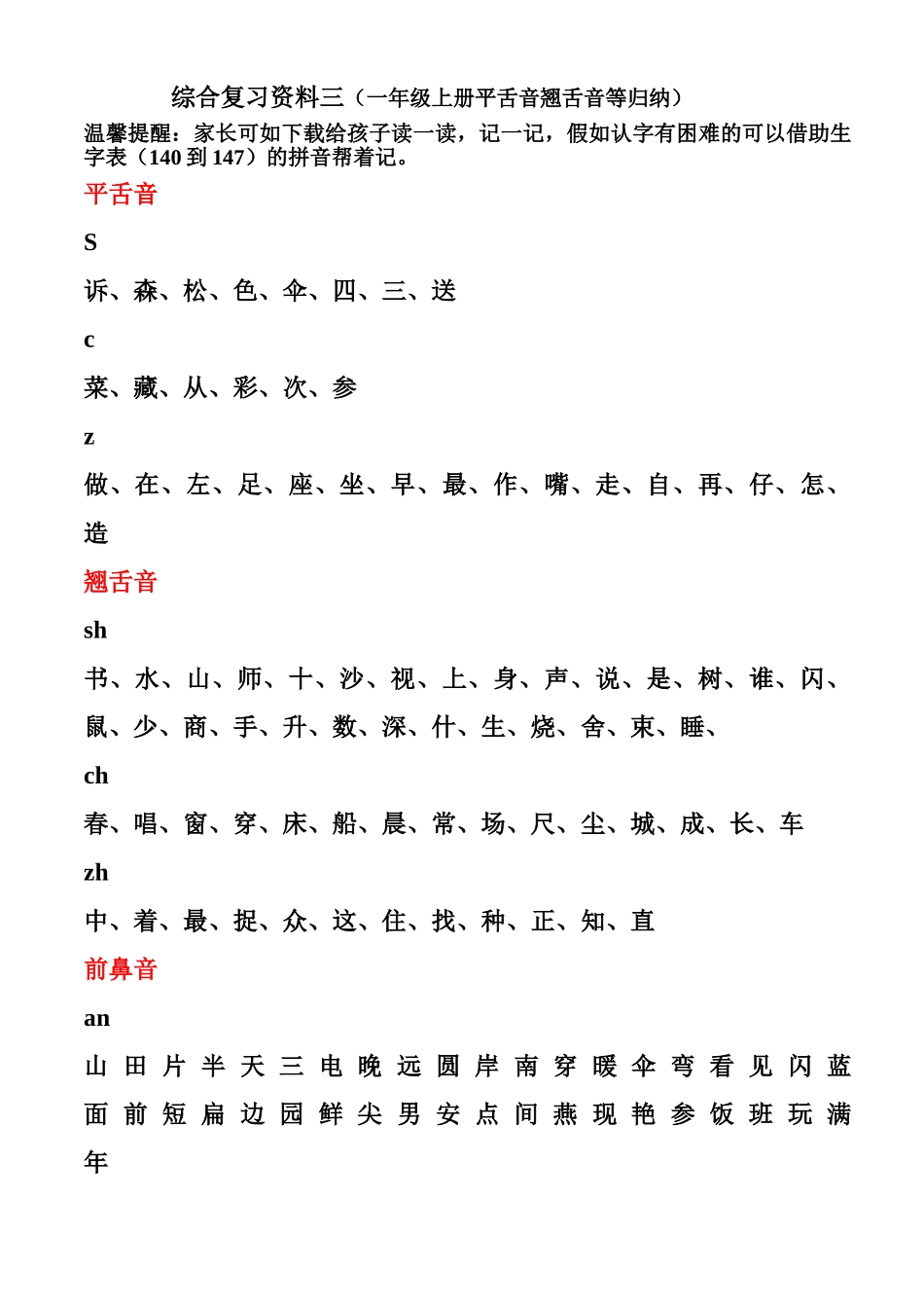 2025年一年级语文上册平舌音翘舌音归纳前鼻音后鼻音归纳文档良心出品_第1页