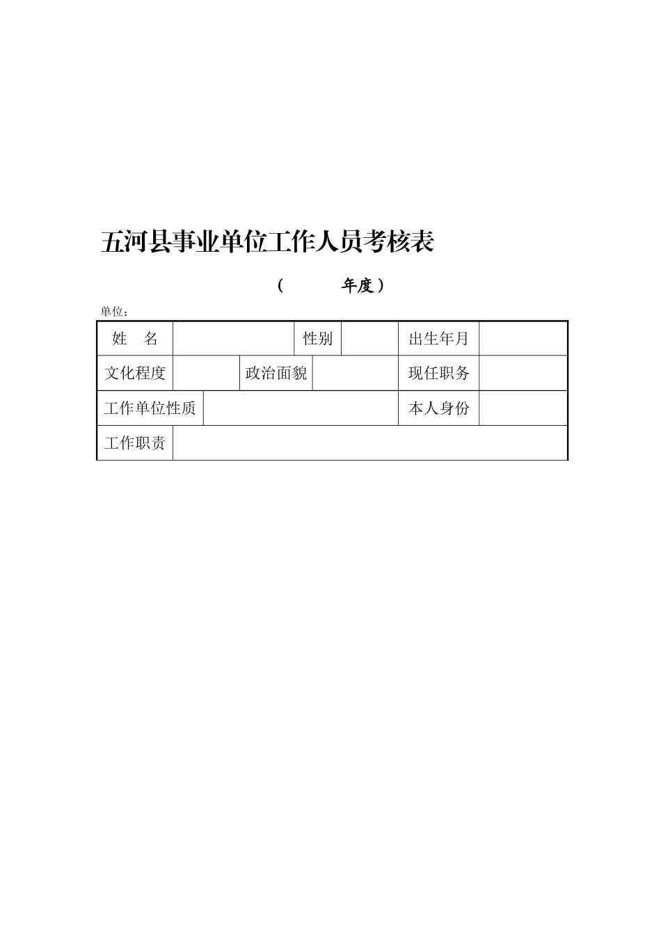 2025年五河县事业单位工作人员考核表空_第1页