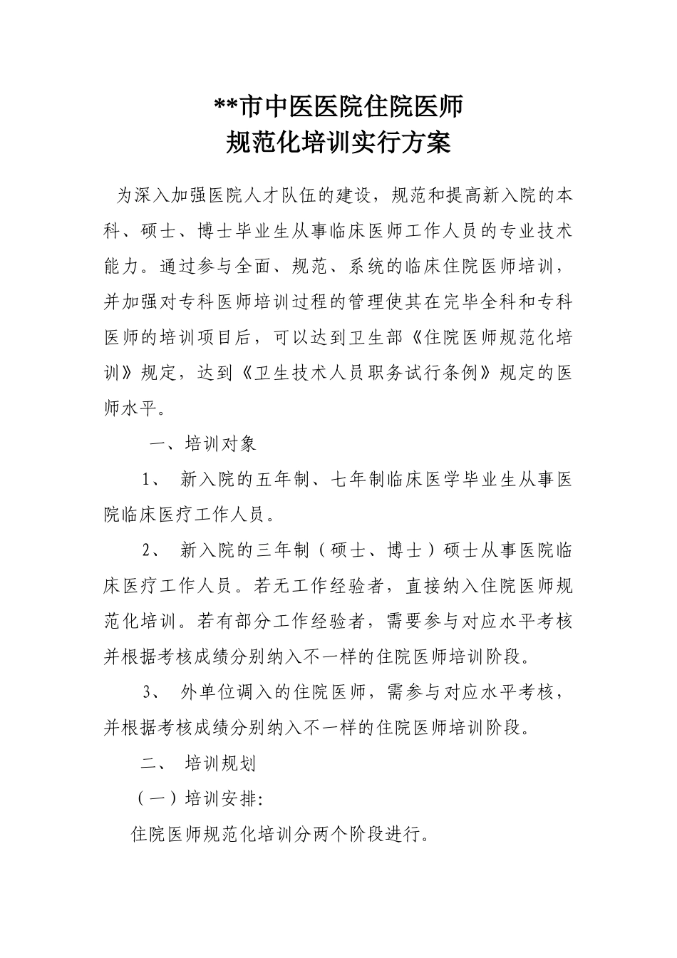 2025年中医院住院医师规范化培训实施方案_第1页