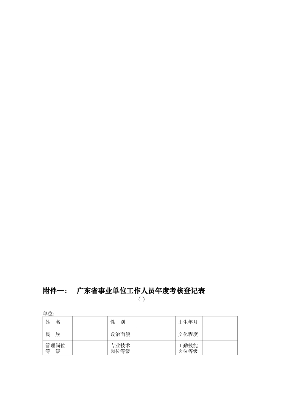 2025年广东省事业单位工作人员考核登记表呈报表等附表一至附表六_第1页