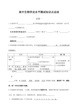 2025年高中生物学业水平测试知识点总结填空