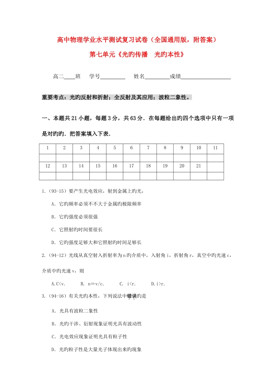2025年高二物理学业水平单元测试第七单元光的传播光的本性_第1页