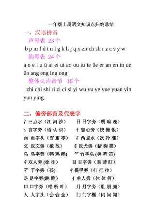 2025年一年级上册语文知识点归纳总结
