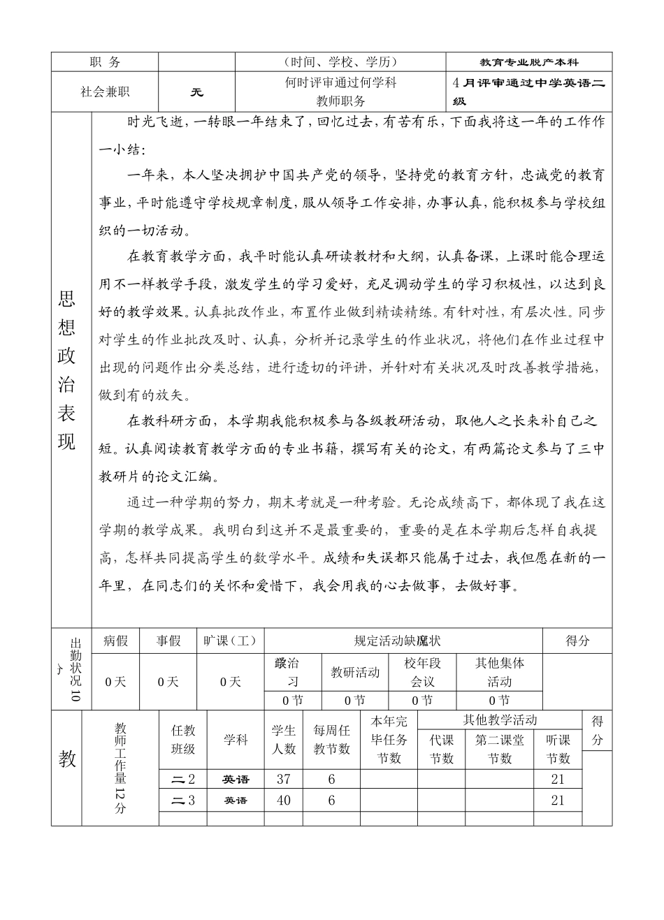 2025年福建省中小学教师考评登记表_第2页