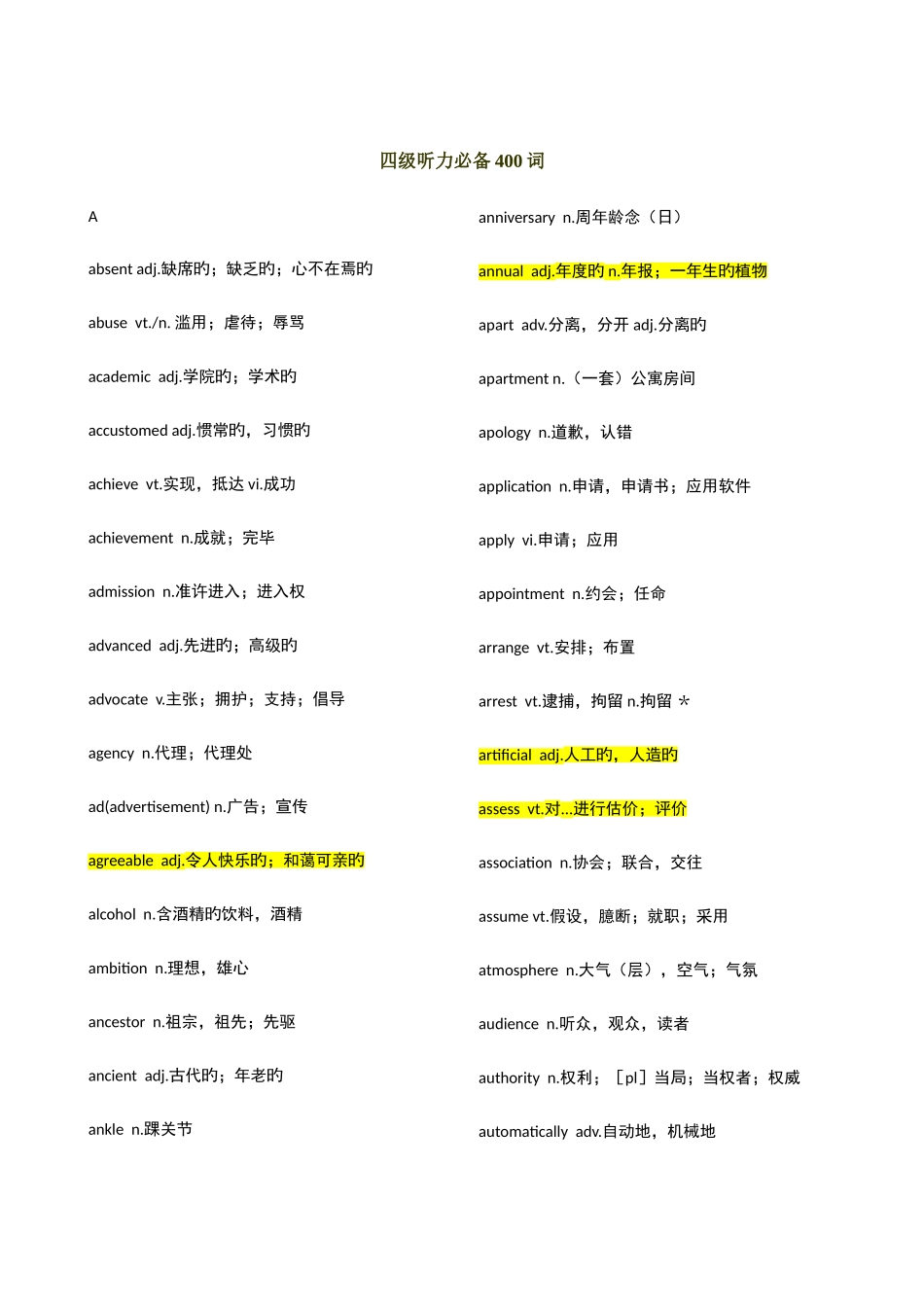 2025年大学四级听力部分必背单词和词组_第1页
