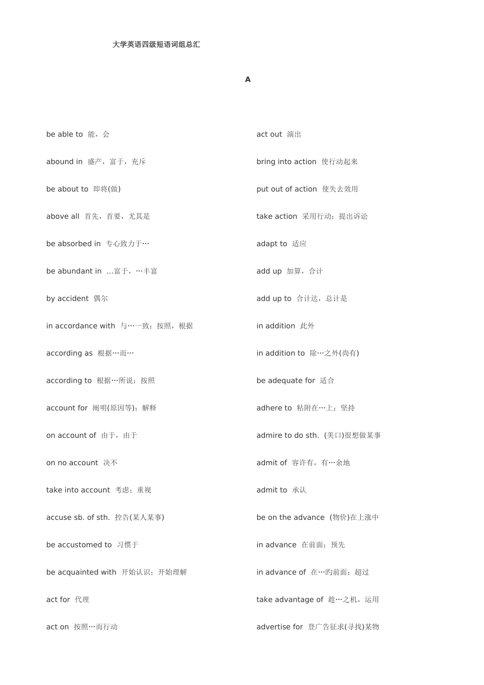 2025年大学英语四级短语词组总汇精华_第1页