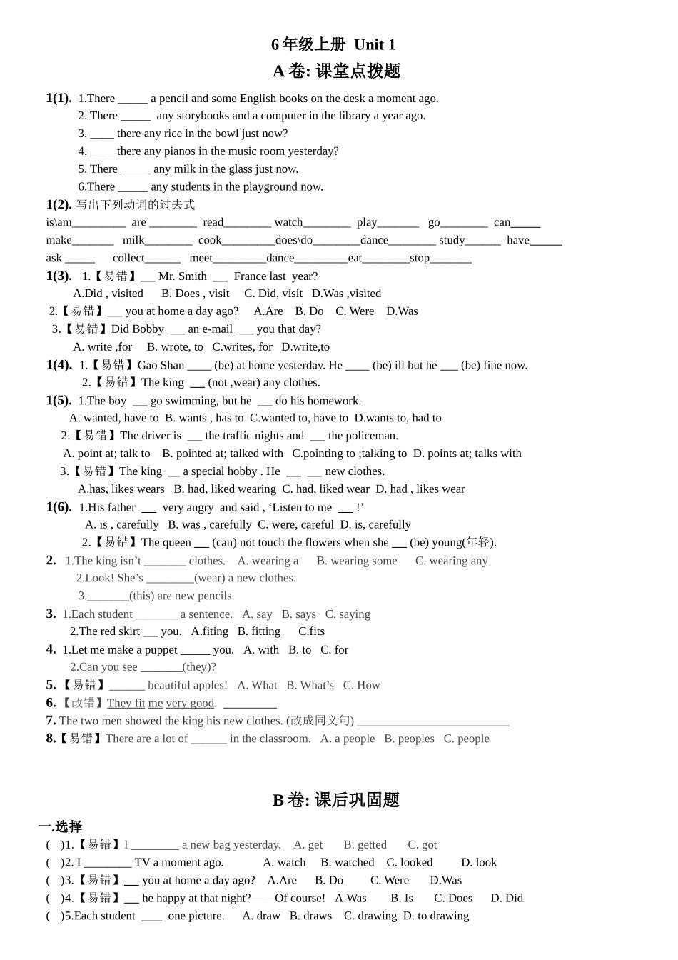 2025年译林英语6AU考点精练_第1页