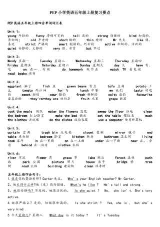 2025年PEP小学英语五年级上册单词重点句型语法简单归纳