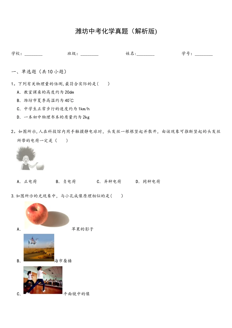 2025年潍坊中考物理真题解析版_第1页