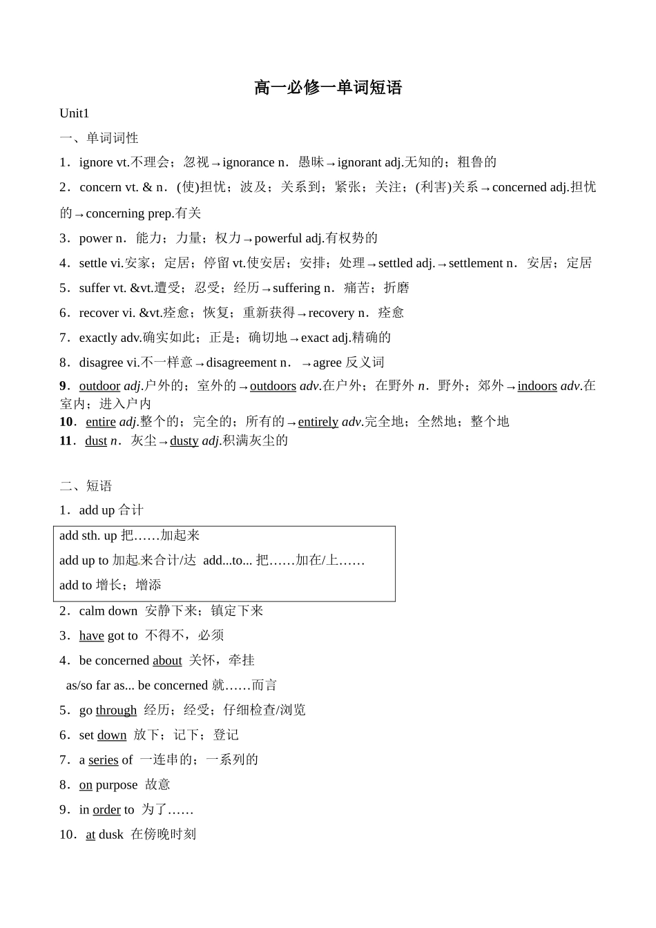 2025年人教必修一英语单词词性短语归纳_第1页