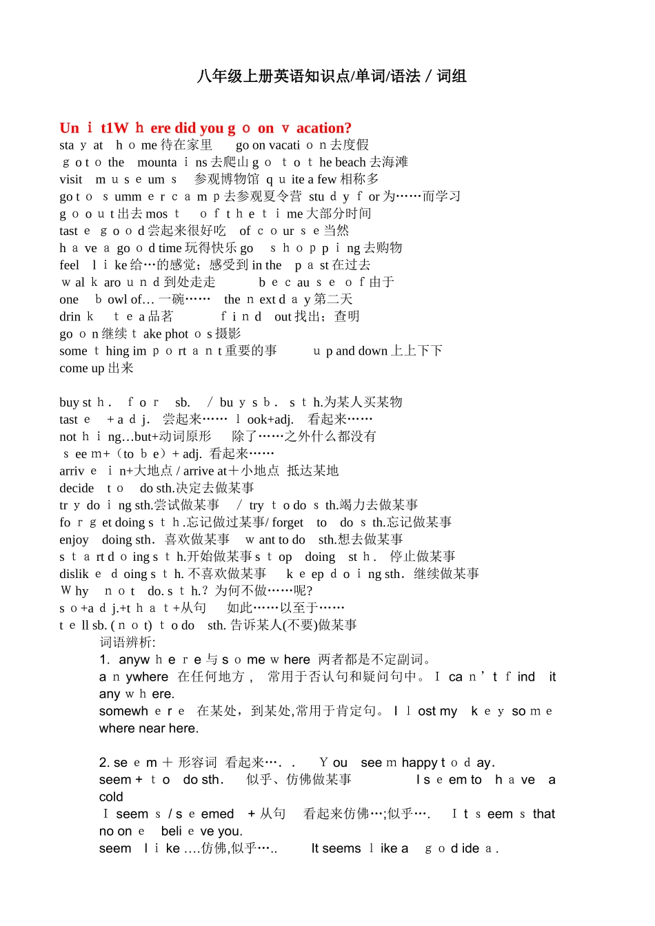 2025年人教版初二上册英语单词词组句型和语法知识点_第1页