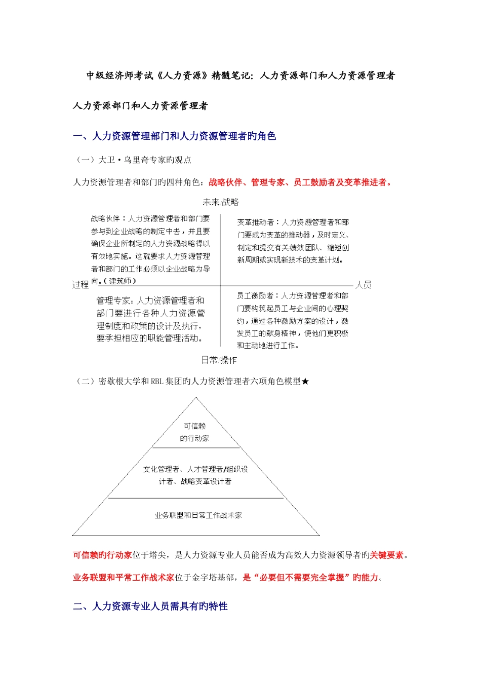 2025年中级经济师考试人力资源精华笔记人力资源部门和人力资源管理者_第1页