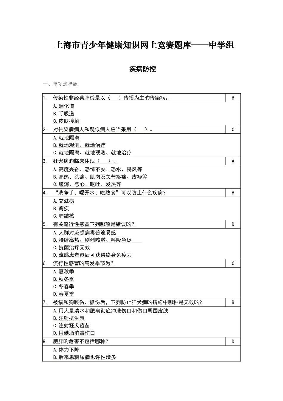 2025年上海青少年健康知识网上竞赛题库中学组_第1页