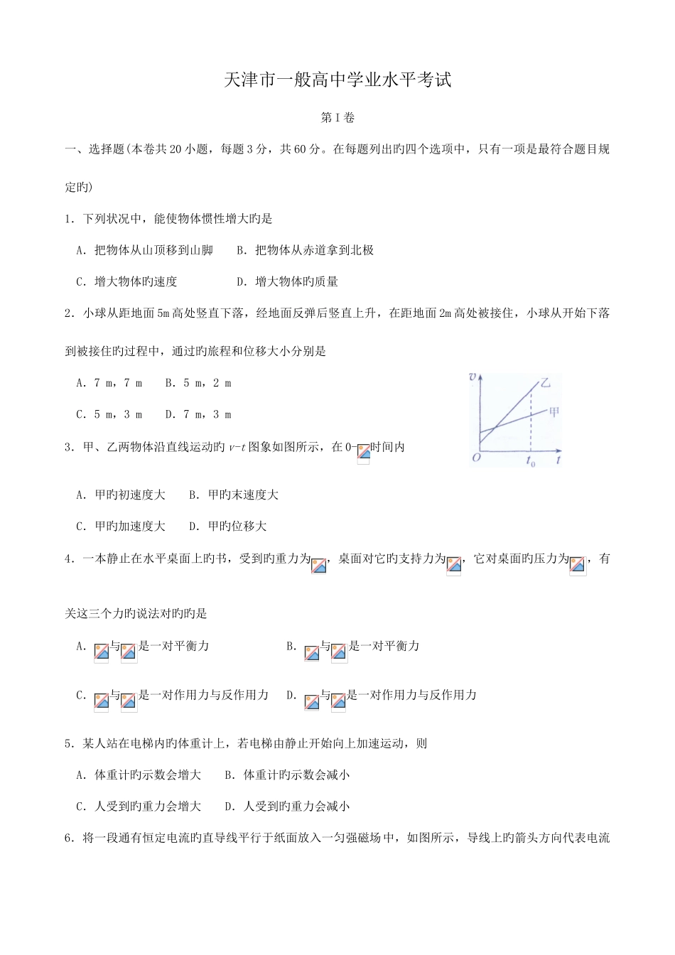 2025年天津市高中物理学业水平试题真题含答案_第1页