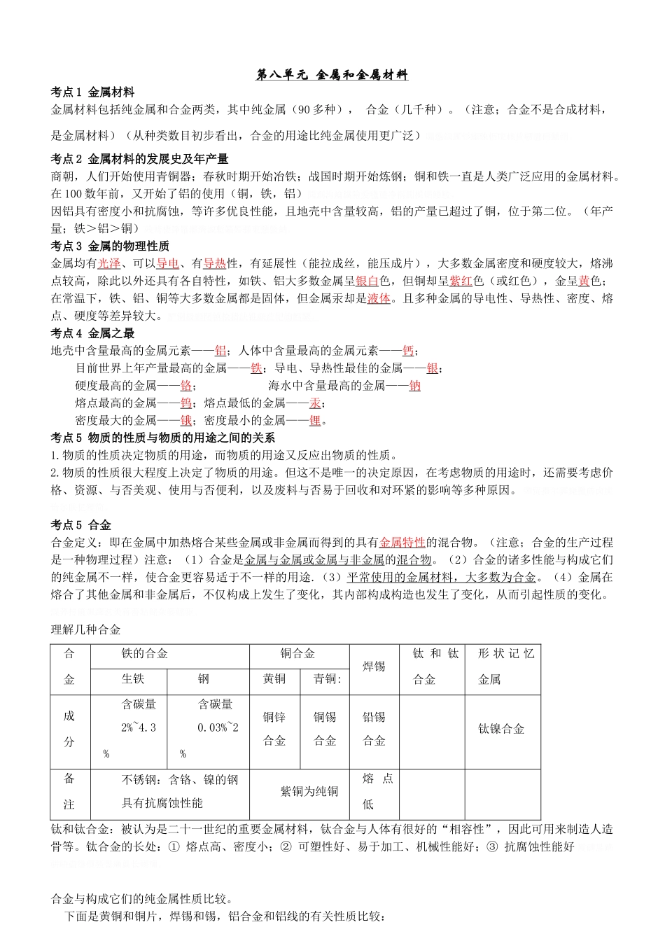 2025年第八单元金属和金属材料知识点总结_第1页