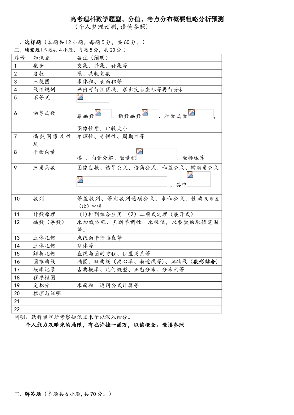 2025年数学理科全国1卷题型分值考点分布粗略分析预测概要_第1页