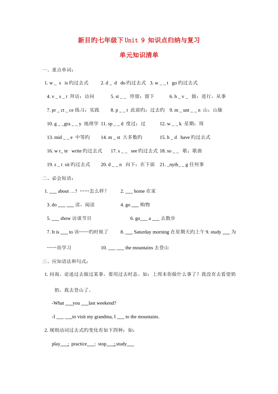 2025年七年级英语下知识点归纳与复习人教新目标版_第1页