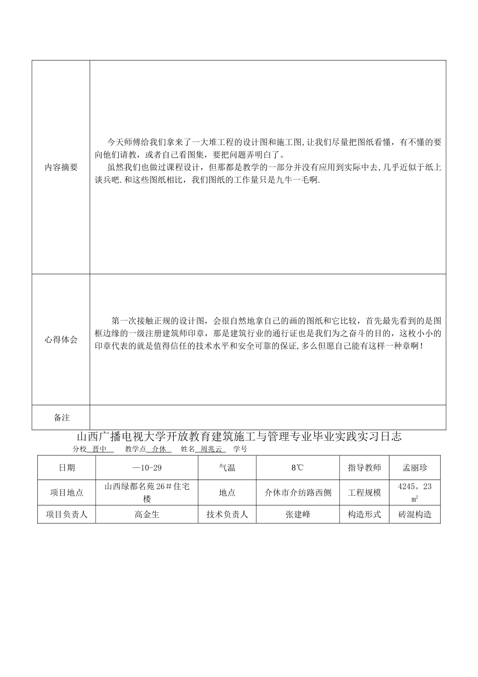 2025年电大建筑施工与管理毕业实习日志_第2页
