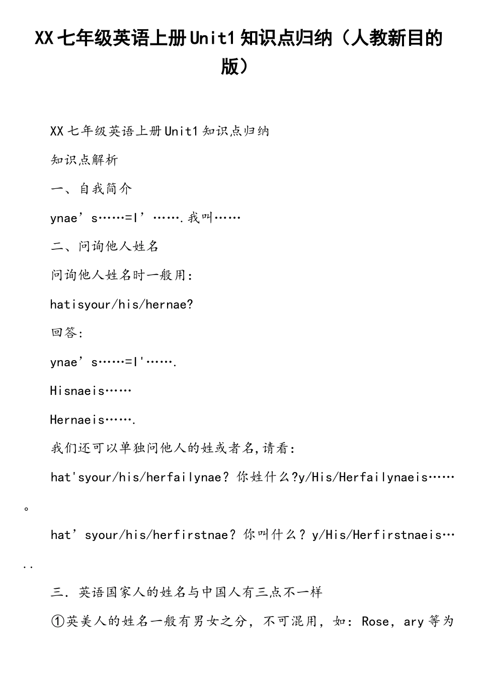 2025年七年级英语上册Unit1知识点归纳人教新目标版_第1页