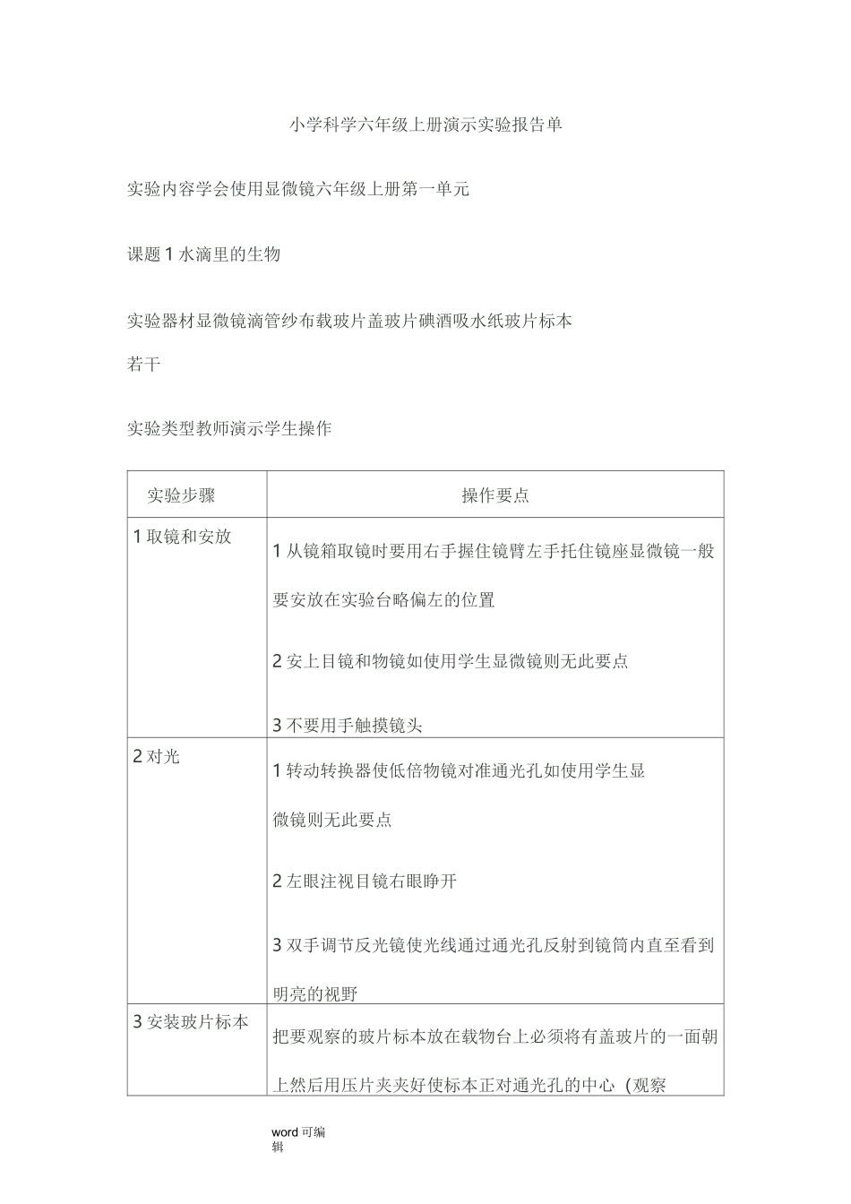 小学科学六年级(上册)演示实验报告单_第1页