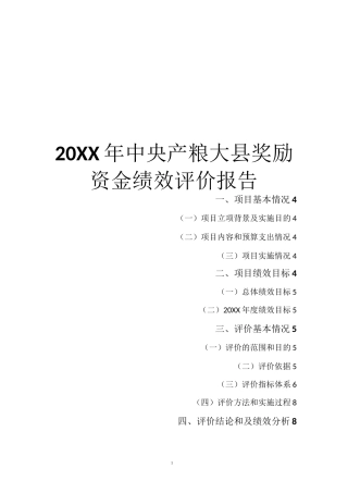 20XX年中央产粮大县奖励资金绩效评价报告