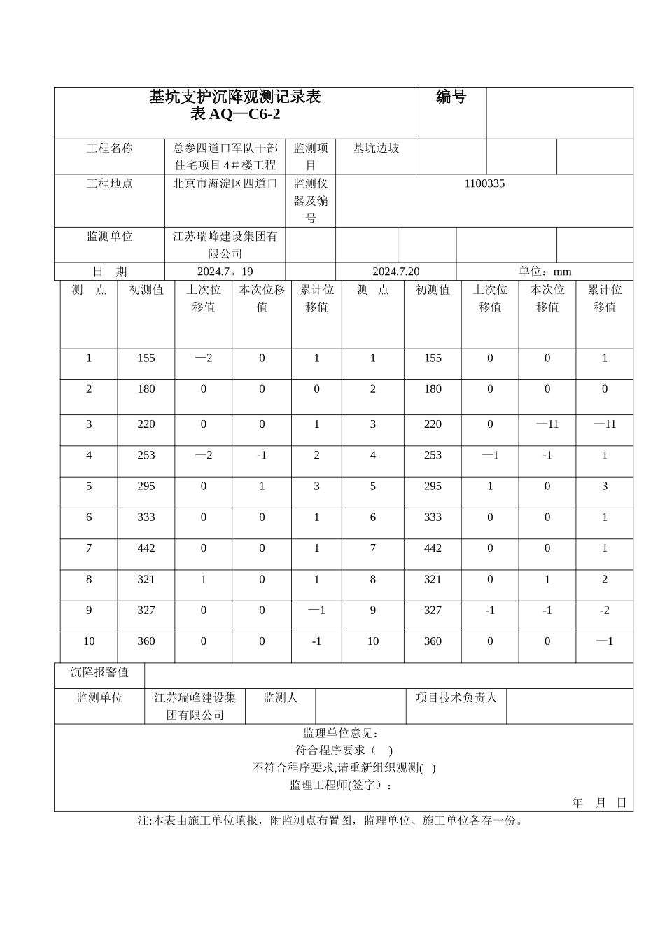 基坑支护沉降观测记录表_第2页