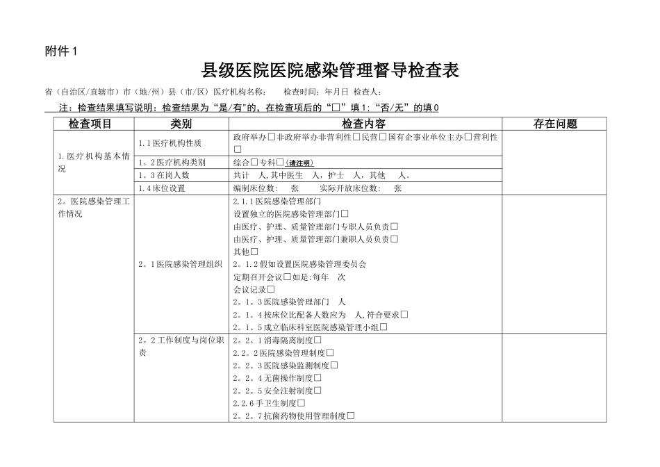 基层医院医院感染管理专项督导检查表_第1页