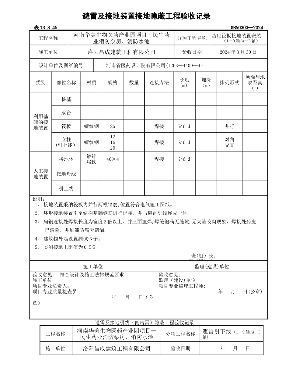 基础避雷及接地装置接地隐蔽工程验收记录_第1页