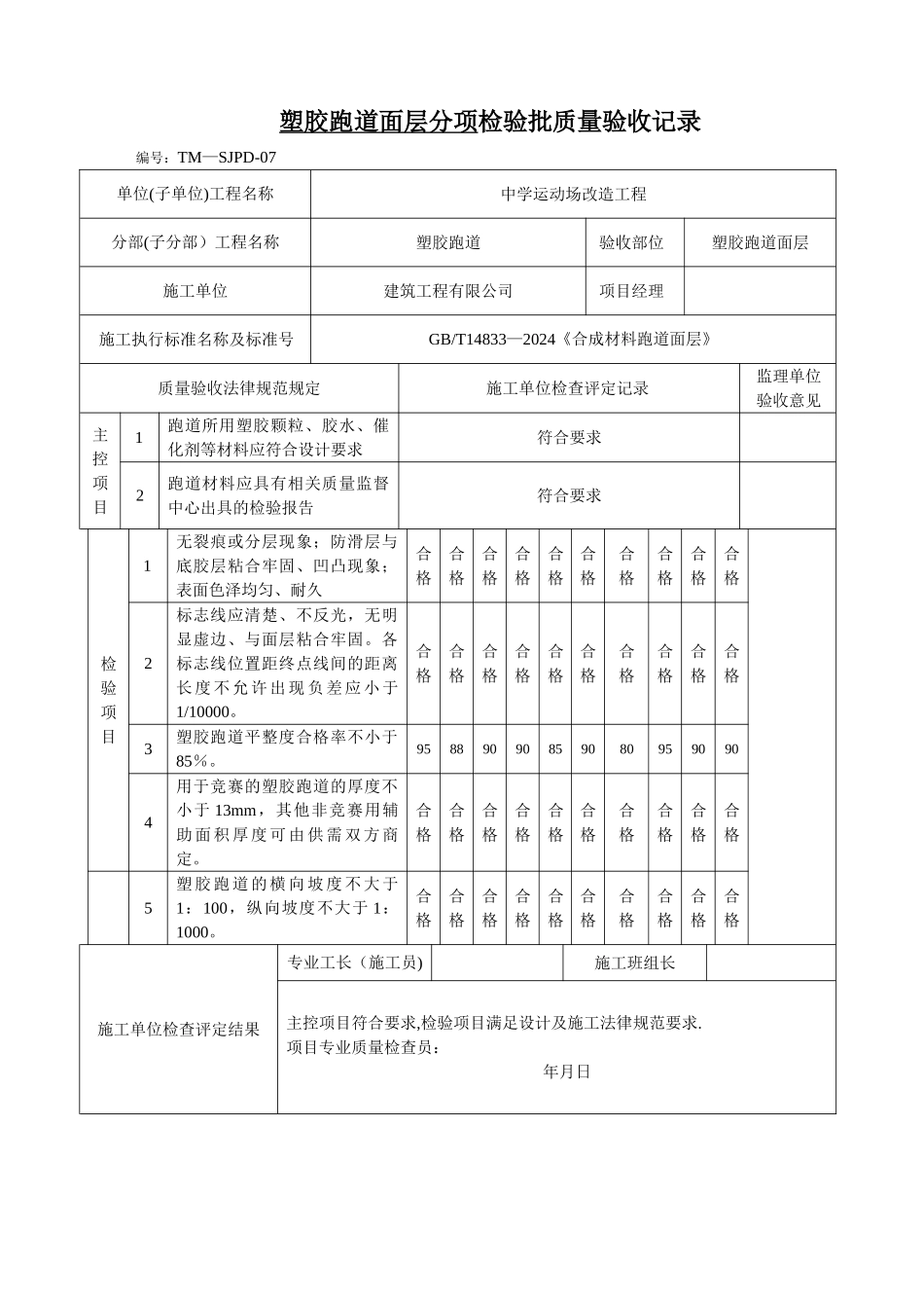 塑胶跑道检验批质量验收记录_第1页