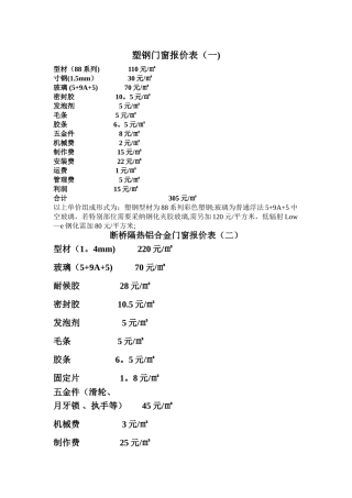 塑钢门窗报价表