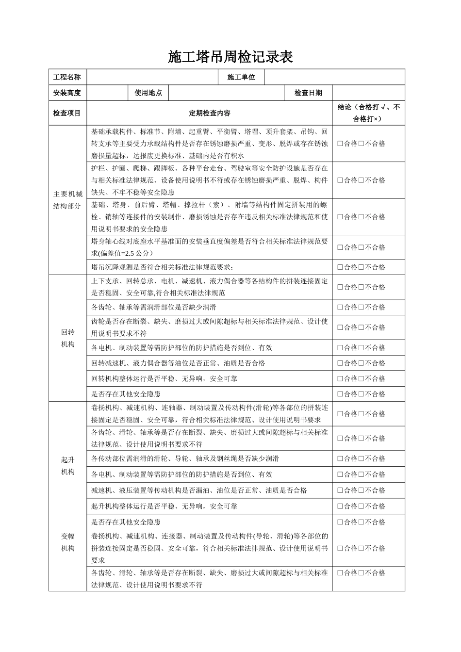 塔吊周检查记录表_第1页
