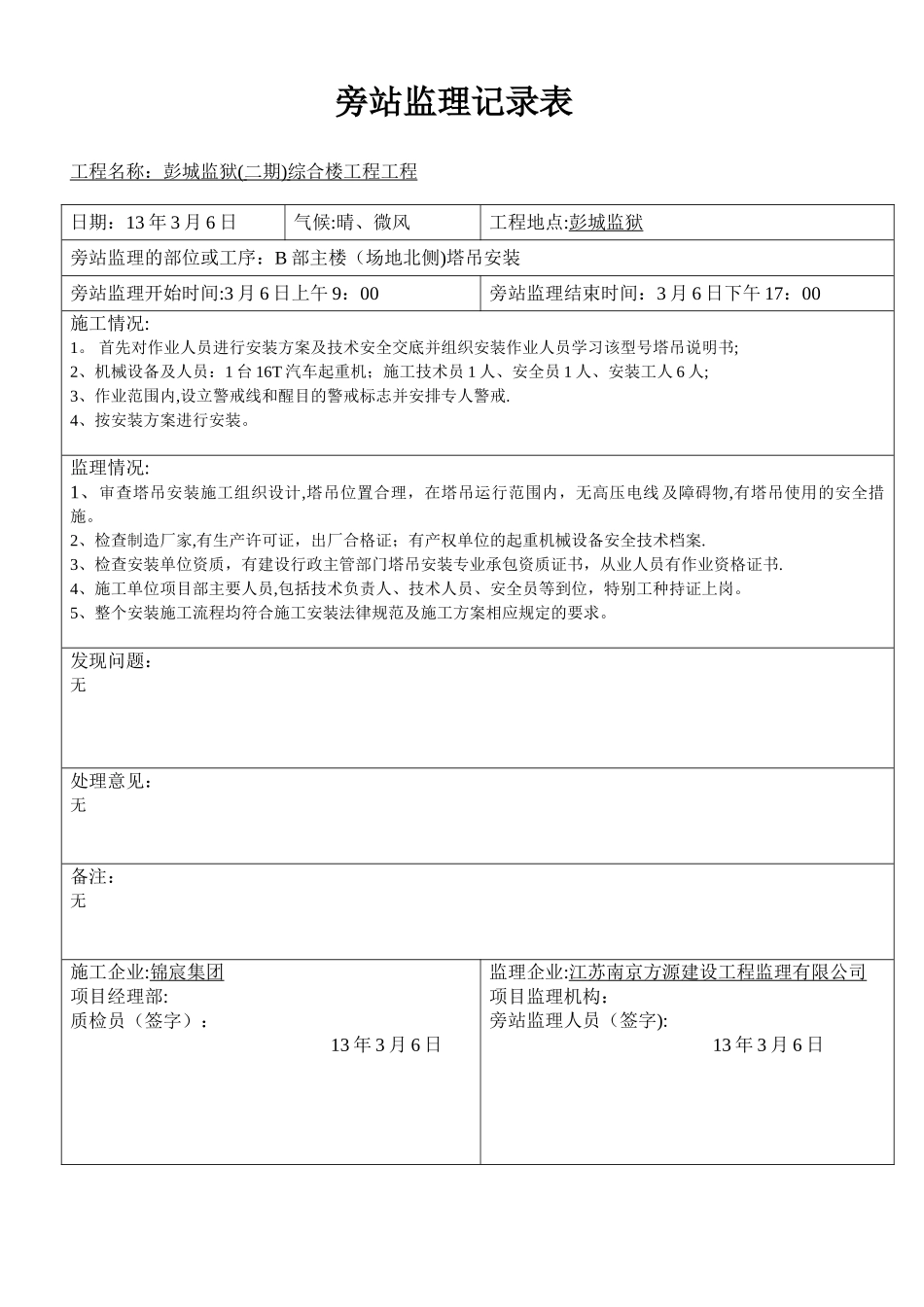 塔吊安装旁站监理旁站记录表_第2页