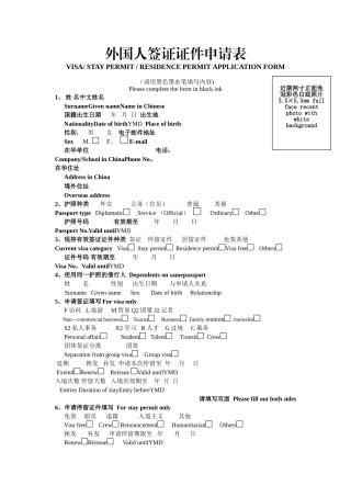 外国人签证证件申请表