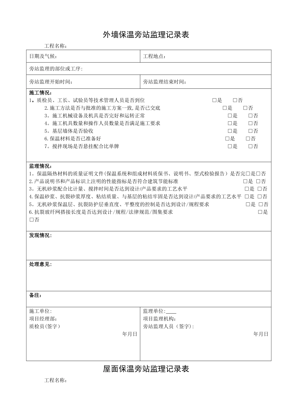 外墙、屋面节能保温旁站监理记录表_第1页