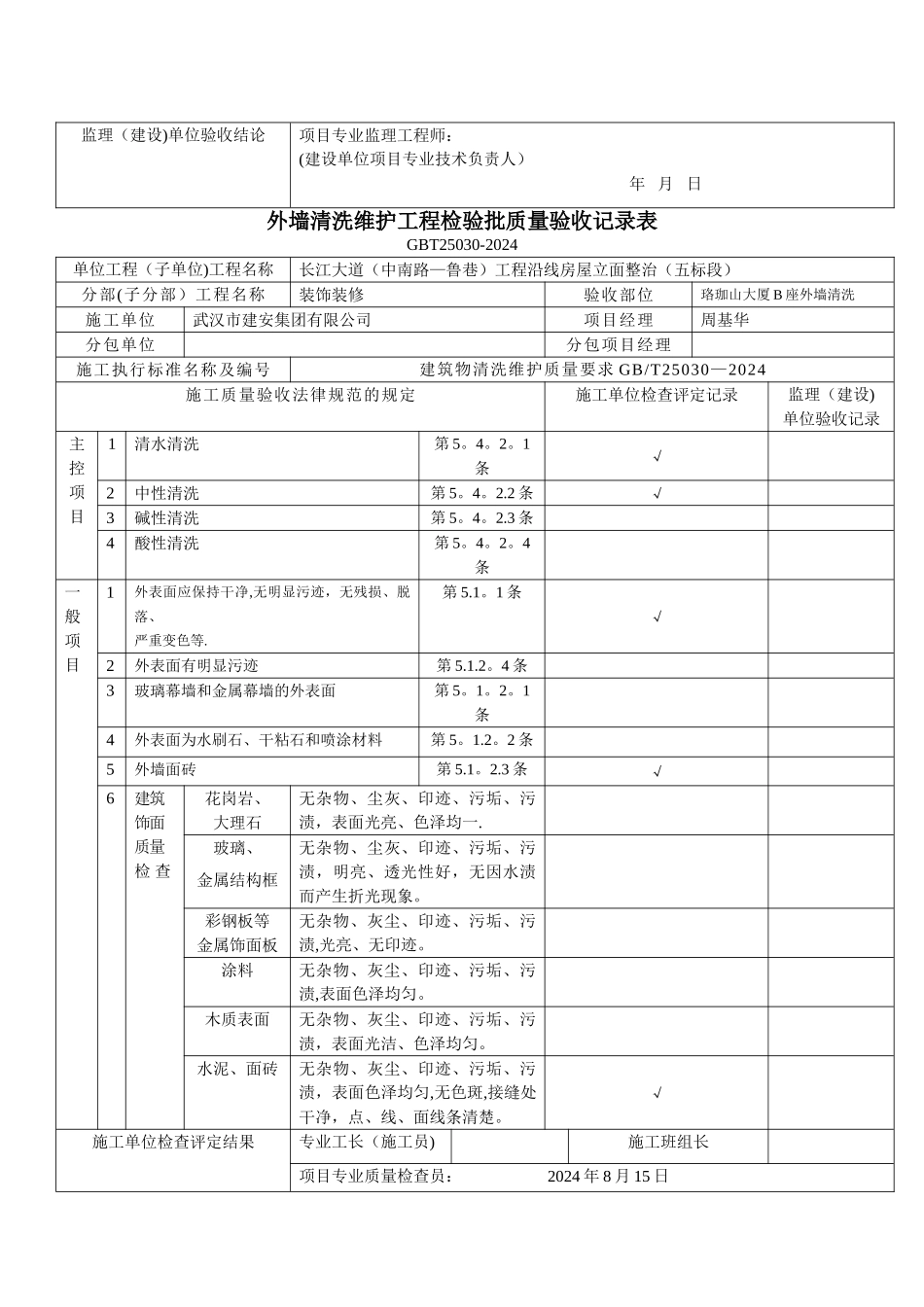 外墙清洗维护工程检验批质量验收记录样表_第2页